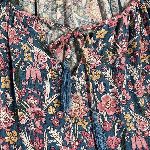 Cynthia Rowley Blouse Women's 1X Soft Floral Pink Blue Boho Tassels Peasant - Picture 4 of 10